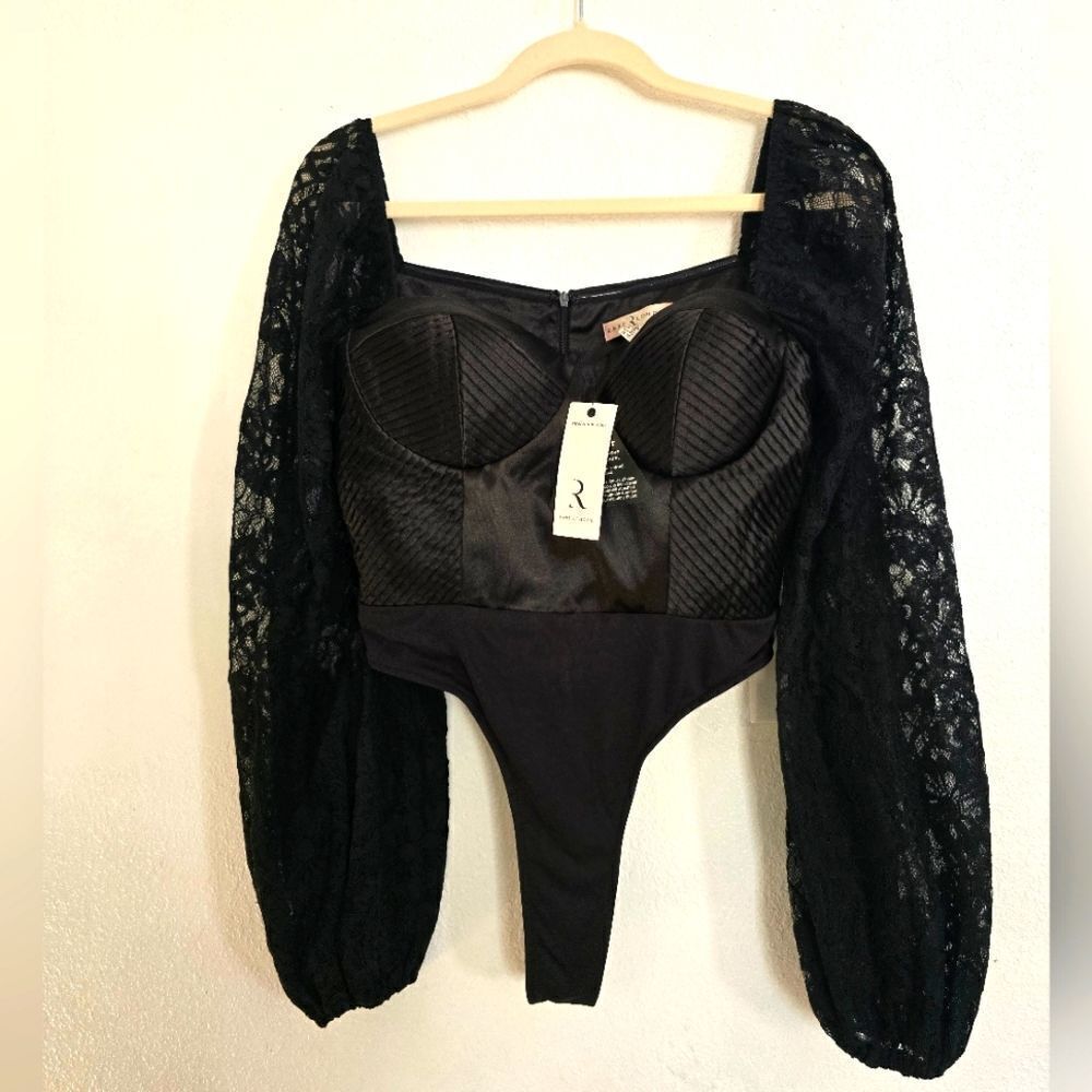 NWT Rare London Long Sleeve Corset Bodysuit In Black Size XL